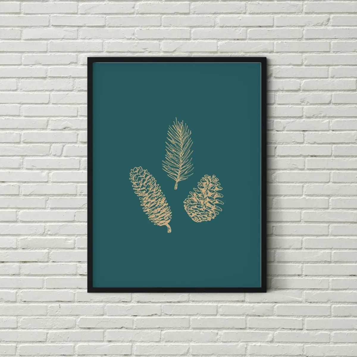 Pine cones illustrated in cream and turquoise winter tones with a Scandinavian feel
