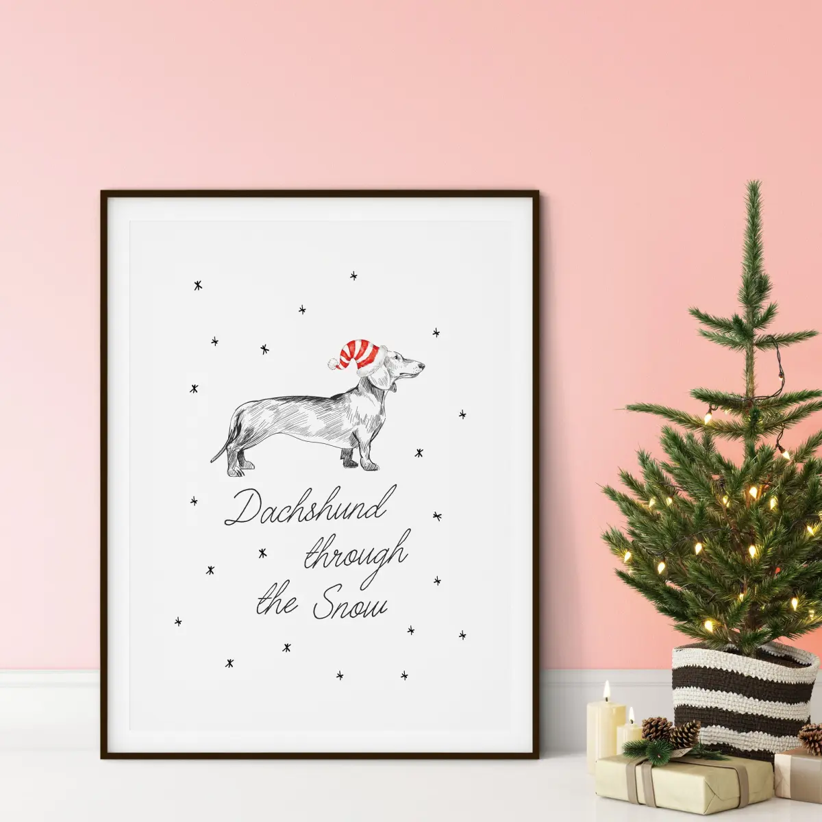 Illustrated dachshund in snow, a pun on Dashing Through the Snow