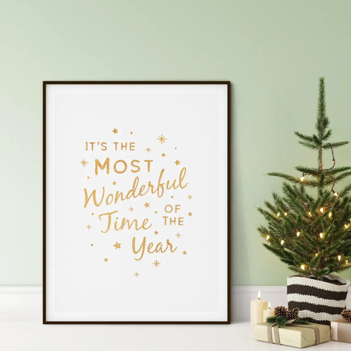 Most Wonderful Time of the Year in minimal typography with stars, available in gold foil or black
