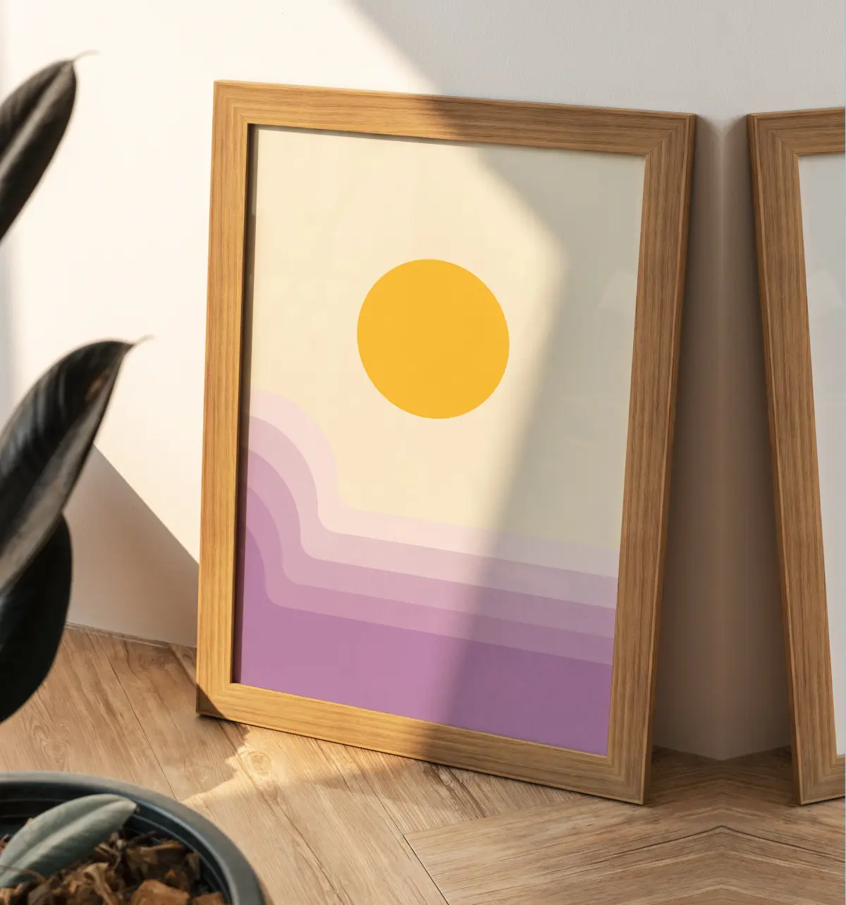 Mid-century colour block sunrise in the Retro Horizon series, sun over banded sea