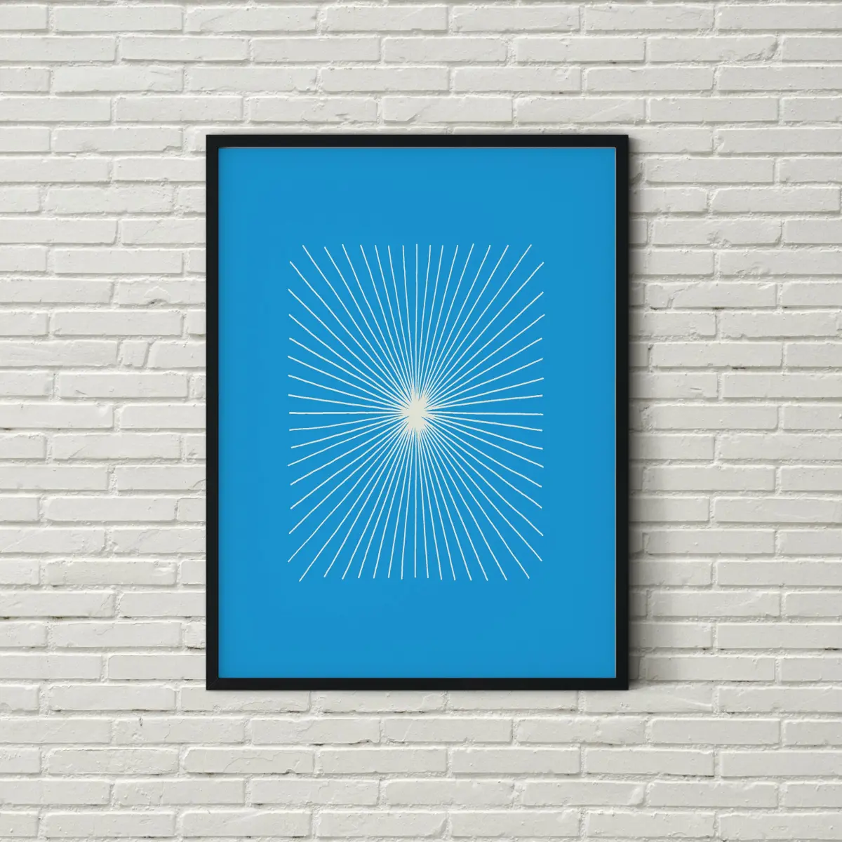 Radiating fine line burst bounded by a rectangle, on a soft colour ground